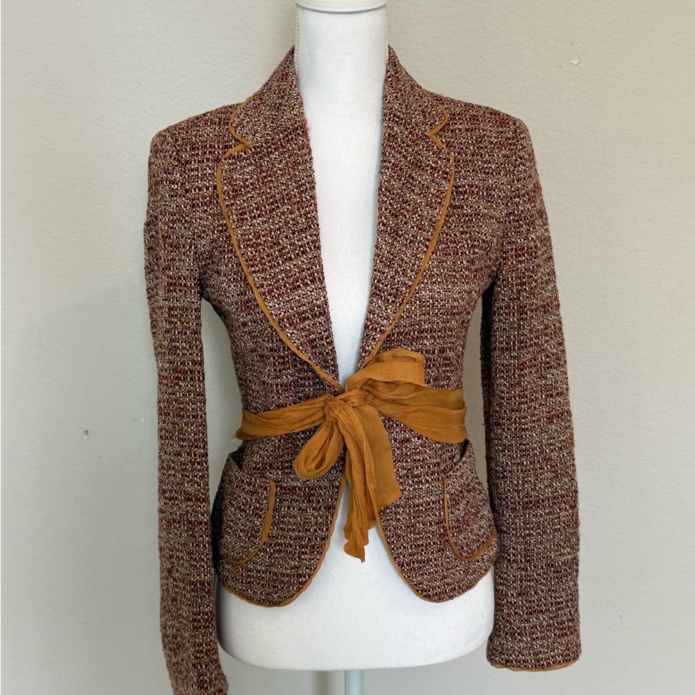 Zara Brown Orange Tweed Blazer with Cropped Tailored Fit